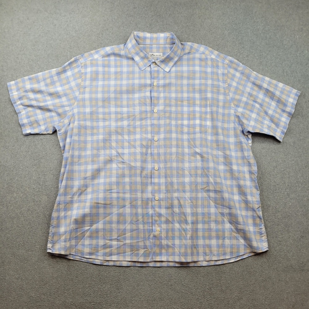 Peter Millar Button‎ Up Mens XXL Blue Plaid Short Sleeve Cotton Spandex Stretch
